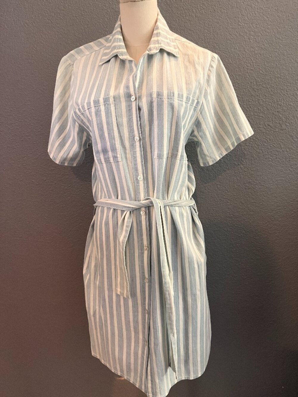 FRAME DENIM CHANNEL ISLANDS BLUE & WHITE STRIPED MINI BELTED SHIRT DRESS  EUC  M